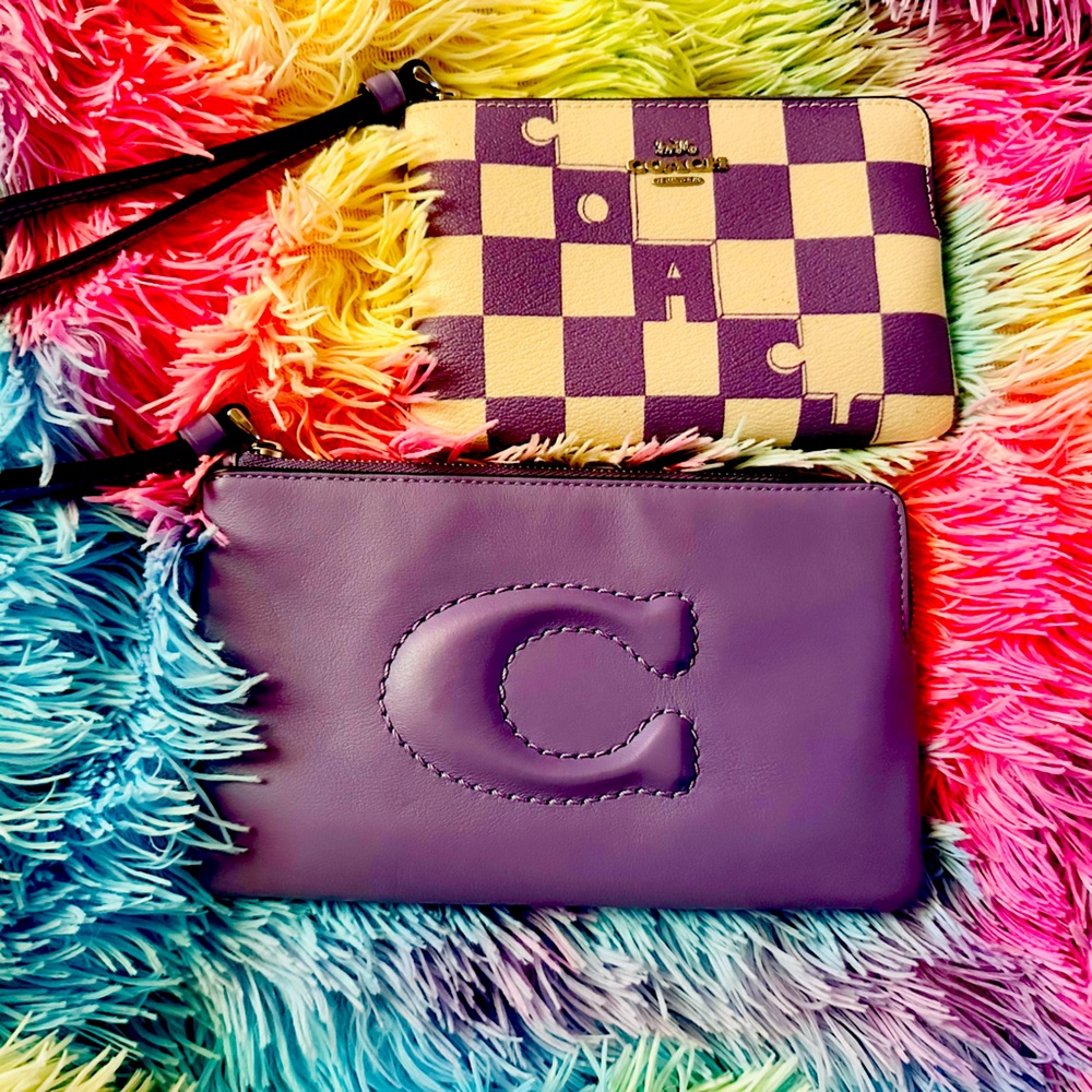 Coach Purple and off White Checkered Women's wallets Set